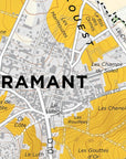 Cramant Grand Cru, Côte des Blancs map showing detailed streets, labeled neighborhoods, and yellow-highlighted grand cru vineyard areas. Main roads and key sites like Le Village and Le Bas de la Côte are marked for Mapping Champagne.