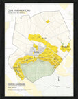De Long’s Grauves Premier Cru, Côte des Blancs map: black & white with yellow vineyards and labeled regions, framed.