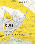 De Long’s Cuis Premier Cru, Côte des Blancs map highlights Champagne vineyard areas and village plots in yellow.