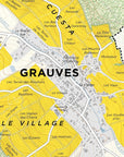 The Grauves Premier Cru, Côte des Blancs map highlights Champagne's yellow-shaded vineyards, labeled plots, contour lines, streets, green forested hills, and key spots like Faubourg de Vertus and Le Village.