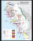 The De Long Metro Wine Map of California Framed features counties and wine areas in a subway-style wood frame display.