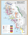 De Long Metro Wine Map of California Framed features counties and top wine areas in a unique metro-style design.