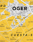 Map of Oger Grand Cru, Côte des Blancs, featuring labeled streets, surrounding areas like Nord and Cuesta-Sud, highlighted vineyard zones in yellow, and detailed locality names for comprehensive Champagne mapping.