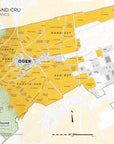 A detailed Oger Grand Cru, Côte des Blancs map highlights the Champagne region with vineyard areas shaded yellow, labeled by sections and directions. It also shows roads, neighboring regions, and village details.
