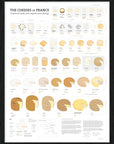 De Long's The Cheeses of France Framed: 18x24" wood-framed display features cheese wheels, wine pairs & a regional map.