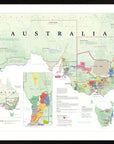 De Long Wine Map of Australia Framed features state borders, cities, and insets of major wine regions.