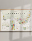 De Long Wine Map of Australia Framed displays colored regions and labeled Geographic Indications on your wall.