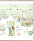 De Long Wine Map of Australia Framed: detailed, colorful map showing Australian wine regions with names and key.