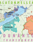 Wine Map of Austria and Hungary: features a vibrant map of the Lake Balaton region, highlighting Balatonfüred, Csopak, Badacsony, and Balatonboglár with labeled towns, borders, water bodies, and a nod to the historic wine map.