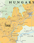 Wine Map of Austria and Hungary showing the Tokaj region in Hungary with vineyard areas, towns, rivers, roads, and mountains. Labels include Sátoraljaújhely and Sárospatak along the historic wine route.