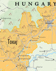 Wine Map of Austria and Hungary showing the Tokaj region in Hungary with vineyard areas, towns, rivers, roads, and mountains. Labels include Sátoraljaújhely and Sárospatak along the historic wine route.