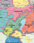 The Wine Map of Austria and Hungary highlights Austrian wine regions such as Carnuntum DAC, Neusiedlersee DAC, Leithaberg DAC, Rosalia DAC, Wien, Thermenregion, and Burgenland. Major towns and country borders are clearly labeled.