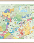 De Long’s Wine Map of Austria and Hungary Framed shows colorful wine regions with a classic wooden frame.