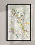 De Long Wine Map of California Framed, 24x36", features colorful regions and inset maps in the bottom left corner.