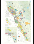 De Long Wine Map of California Framed, 24x36", shows wine regions, vineyards, AVAs & southern region inset.