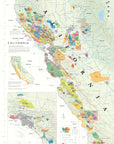 The Wine Map of California (24" x 36") features detailed, color-coded AVAs, highlights Napa Valley, Sonoma, and the Central Coast, and includes a Southern California inset plus a legend explaining wine varietals.