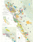 The Wine Map of California (24" x 36") features detailed, color-coded AVAs, highlights Napa Valley, Sonoma, and the Central Coast, and includes a Southern California inset plus a legend explaining wine varietals.