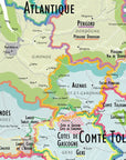 De Long Wine Map of France IGPs, focusing on southwest France, Bordeaux & Armagnac; printed on premium matte paper.
