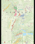 De Long Wine Map of Germany Framed: major regions highlighted in color with regional insets and a key.