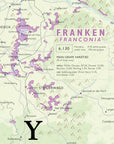 De Long’s Wine Map of Germany shows Franconia’s main grape varieties and vineyard areas in purple.