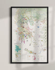 De Long Wine Map of Greece Framed, with PDO and PGI regions and legend, displayed on a light wall.