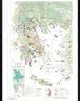 De Long Wine Map of Greece Framed shows PDO, PGI regions, borders, major cities & surrounding countries and seas.
