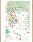 De Long Wine Map of Greece Framed features PDO/PGI regions, islands, and boundaries in vibrant colors.