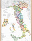 De Long Wine Map of Italy IGTs Framed, with colorful regions, labeled names, and a key in the bottom right corner.