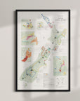 The Wine Map of New Zealand Framed features vibrant wine regions with detailed insets and an elegantly displayed title at the top right, all set in a high-quality wood frame.