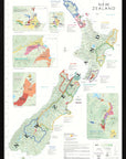 De Long Wine Map of New Zealand Framed shows main islands and wine regions, ready to hang in a wood frame.