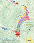 De Long Wine Map of New Zealand on premium matte paper, showing Central Otago's subregions, towns, rivers & mountains.
