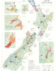 The Wine Map of New Zealand showcases wine regions, subregions, and key grape varieties across both islands, with inset maps of Marlborough, Central Otago, Gisborne, and other notable areas.