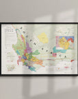 De Long's Wine Map of South Africa Framed hangs on a light wall, soft shadows highlighting its detailed regions.