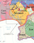 De Long Wine Map of South Africa highlights Stellenbosch, Franschhoek, Elgin, and Overberg near Cape Town.