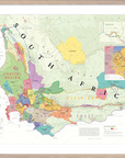 De Long Wine Map of South Africa Framed: features Stellenbosch, color-coded regions, and a detailed legend.
