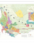 De Long Wine Map of South Africa Framed shows detailed regions, districts, and colored markers.