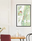 De Long's Wine Map of South America Framed displayed above a dining table with chairs, vase, and glassware.