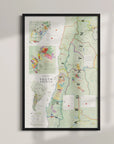 Wine Map of South America Framed showcases Argentina and Chile's wine regions, with insets for Mendoza, Patagonia, and more. Features color-coded vineyard markers and descriptions. Wood frame adds an elegant touch.