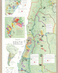 De Long Wine Map of South America Framed highlights wine regions and vineyards in Argentina, Chile, Uruguay, and Brazil.