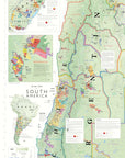 The Wine Map of South America features major wine regions in Argentina, Chile, and southern Brazil, inset maps of Mendoza, and a key for wine types, elevation, climate zones, and region boundaries.