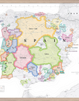 De Long Wine Map of Spain & Portugal IGPs, framed, with colorful regions bordered by France and Algeria.