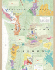 De Long Wine Map of the Pacific Northwest Framed features Oregon, Washington AVAs, and British Columbia regions.
