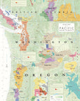 The Wine Map of the Pacific Northwest highlights Oregon and Washington AVAs plus British Columbia wine regions, featuring labeled areas, a key, and wine production charts in a colorful, detailed design.