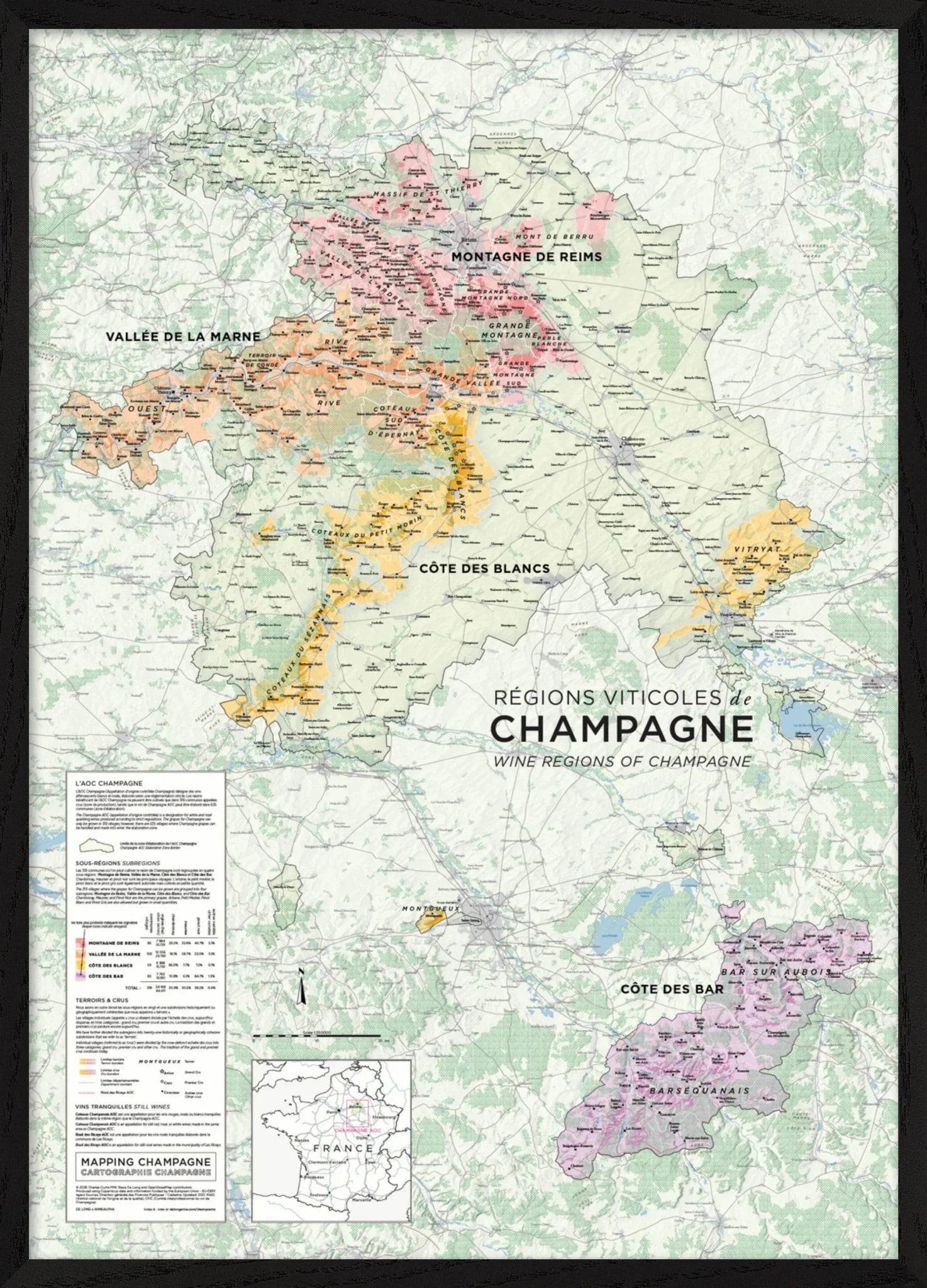 Barbaresco ワインマップポスター アートフレーム Wine Regions of Champagne Framed | De Long