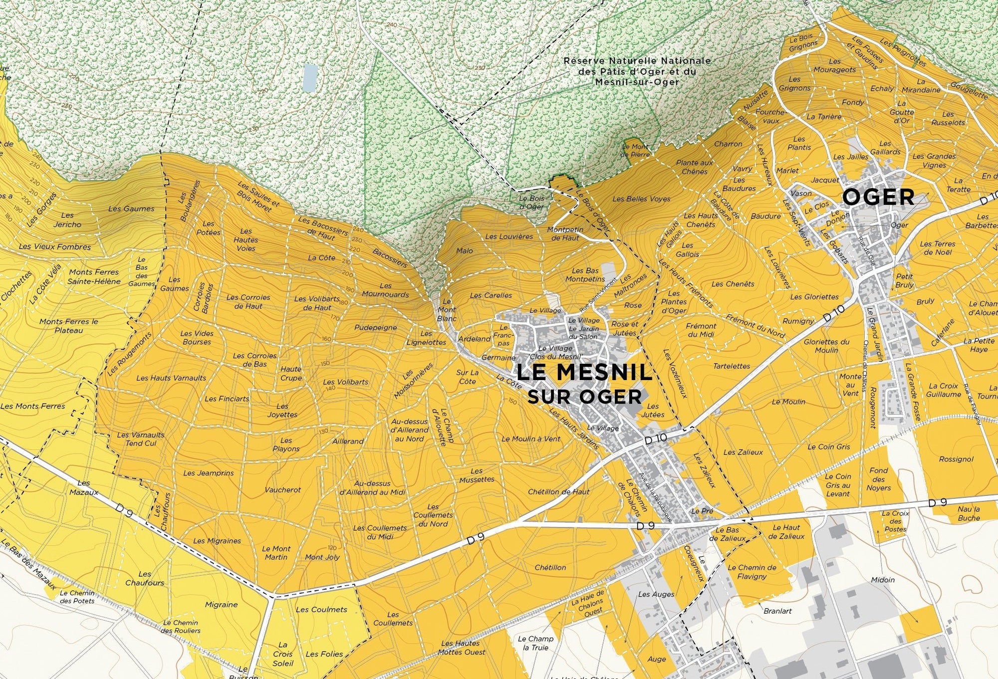 A detailed map shows the vineyards around Le Mesnil-sur-Oger and Oger in France, with shaded areas, labeled plots, roads, and surrounding natural reserve indicated in green.