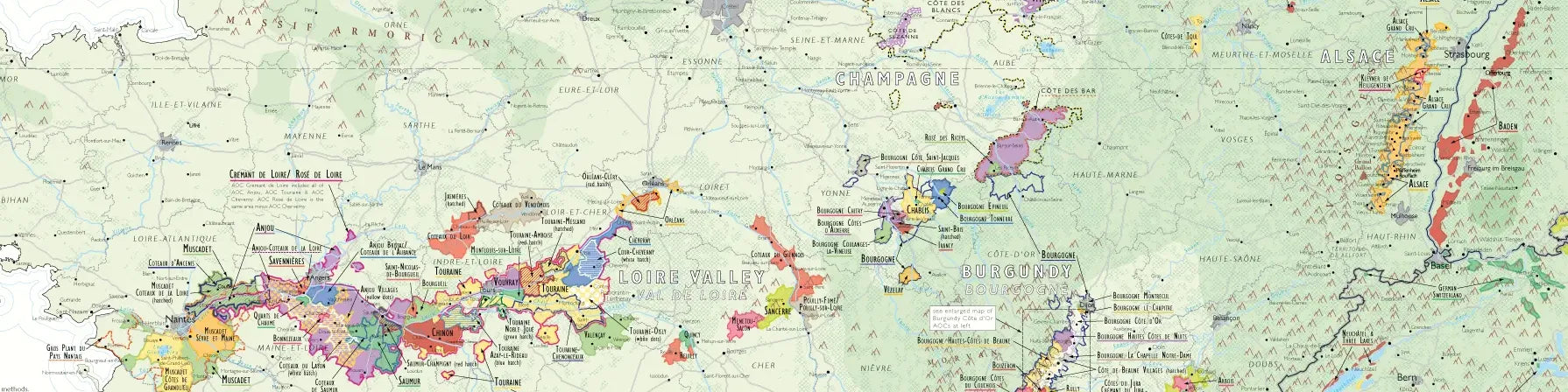 Detailed map showing French wine regions including Loire Valley, Champagne, Alsace, and Burgundy, with colorful highlighted areas indicating different wine appellations and geographic features.