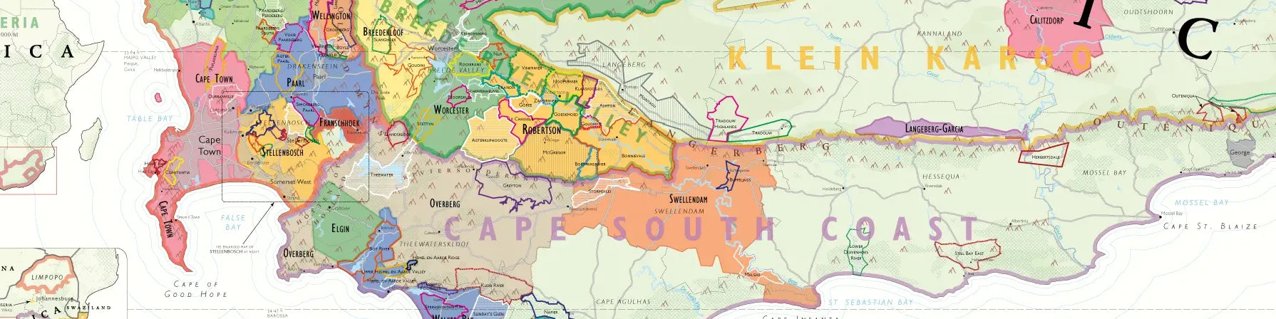 Colorful, detailed map of South Africa’s Cape South Coast wine region, showing vineyard areas, towns, rivers, and the coastline, with labels for various geographical and wine-producing zones.