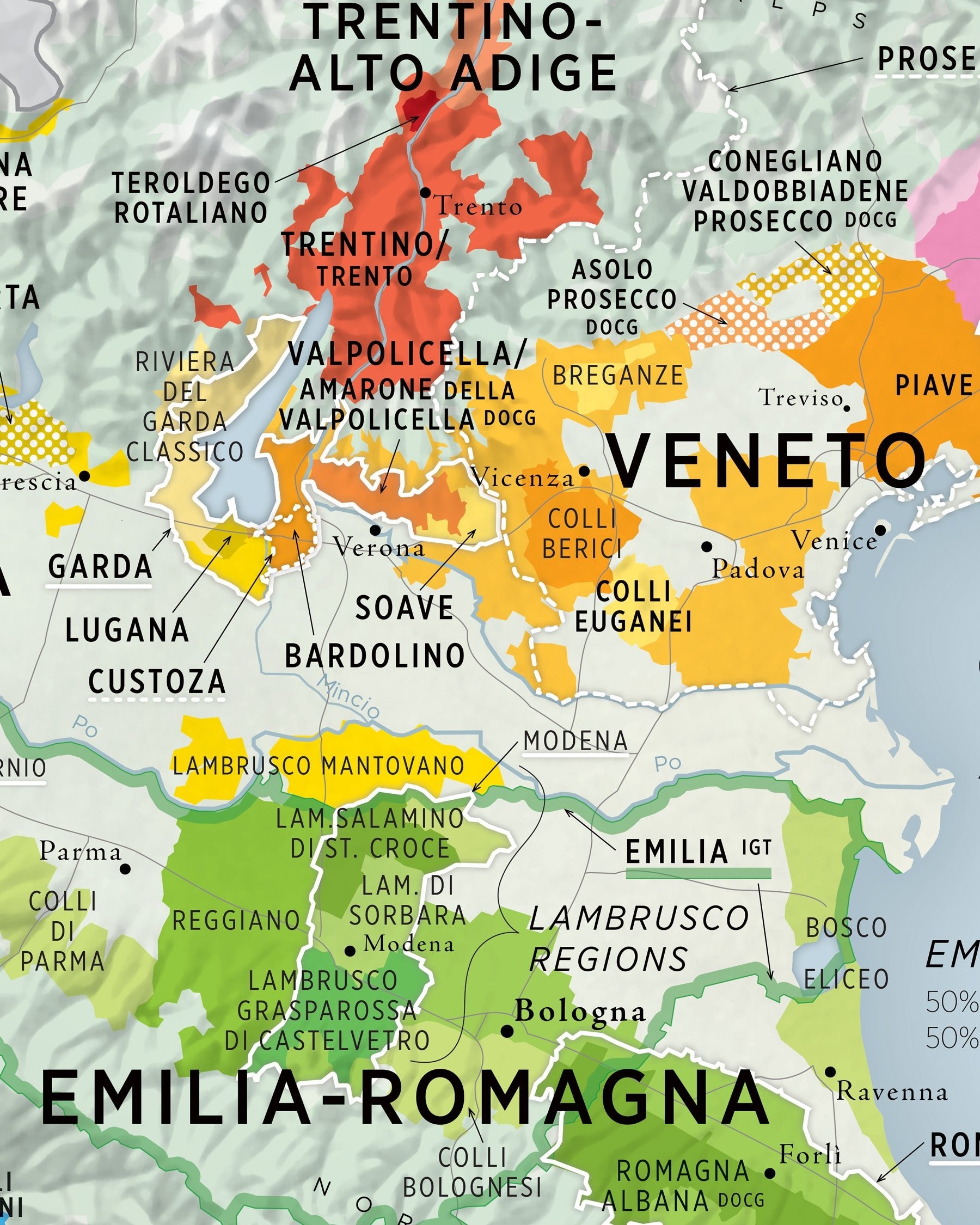 Colorful map showing wine regions in northern Italy, including Trentino-Alto Adige, Veneto, and Emilia-Romagna, with areas labeled for popular wines like Valpolicella, Prosecco, Lambrusco, and Soave.