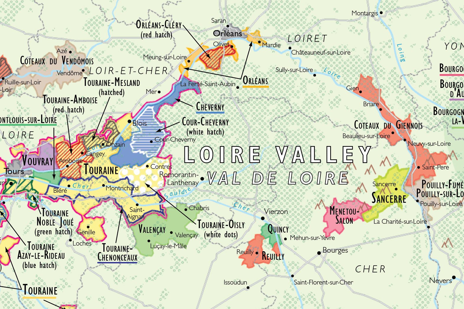 Map of the Loire Valley wine region in France, showing labeled areas such as Vouvray, Sancerre, Touraine, and Orleans with colorful boundaries marking different appellations.