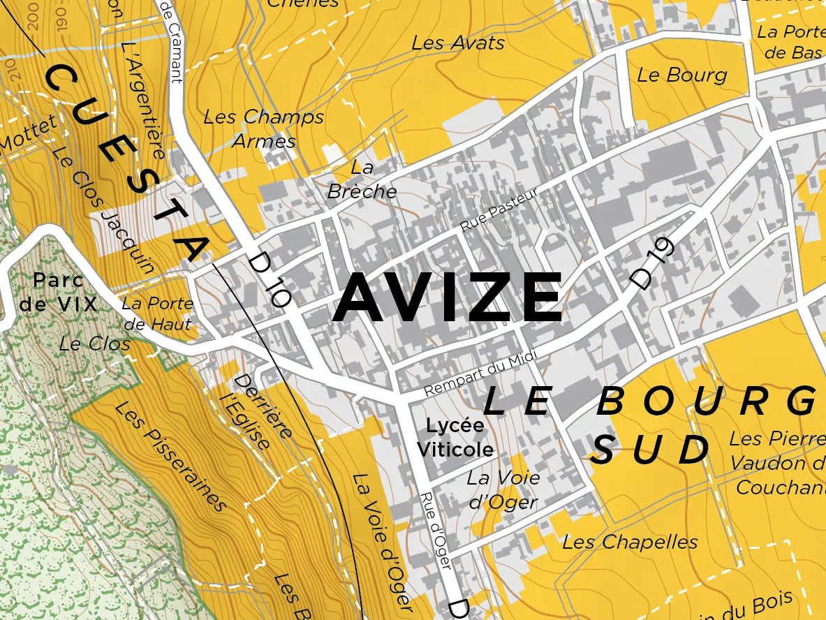 De Long’s Avize Grand Cru, Côte des Blancs map: streets, landmarks & terrain—ideal for Champagne exploration.